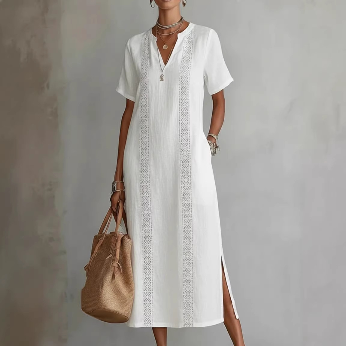 Women's Retro Hollow-Out Lace V-Neck Cotton-Linen Dress