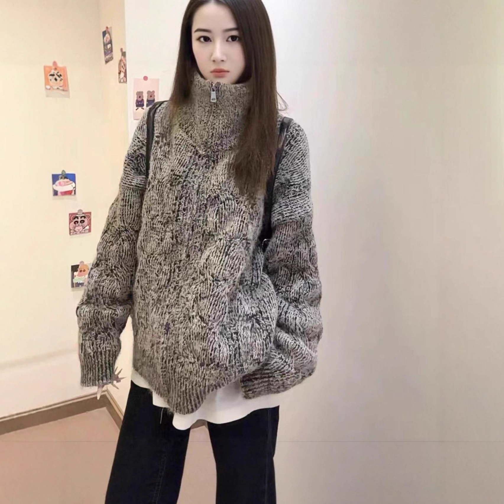 Loose-fit Stand-collar Laid-back Style Gray Knitted Cardigan Jacket