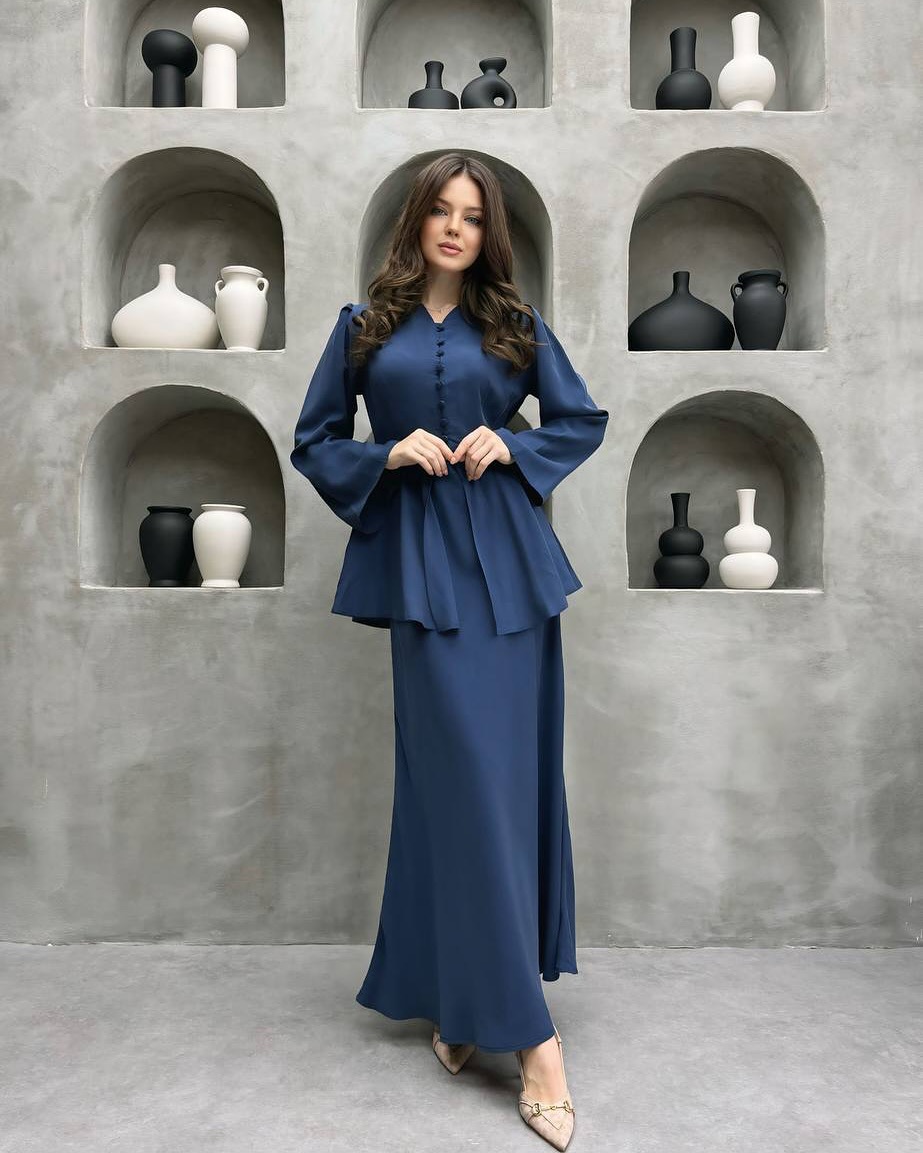 New Fashion Elegant Graceful Cardigan Top Solid Color Dress Two piece Set Dark Blue - Shop at LoveMi