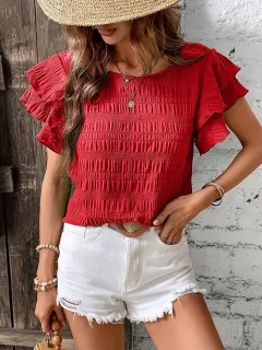 Fashion New Ruffle Sleeve Casual Top For Women - Red - View 1