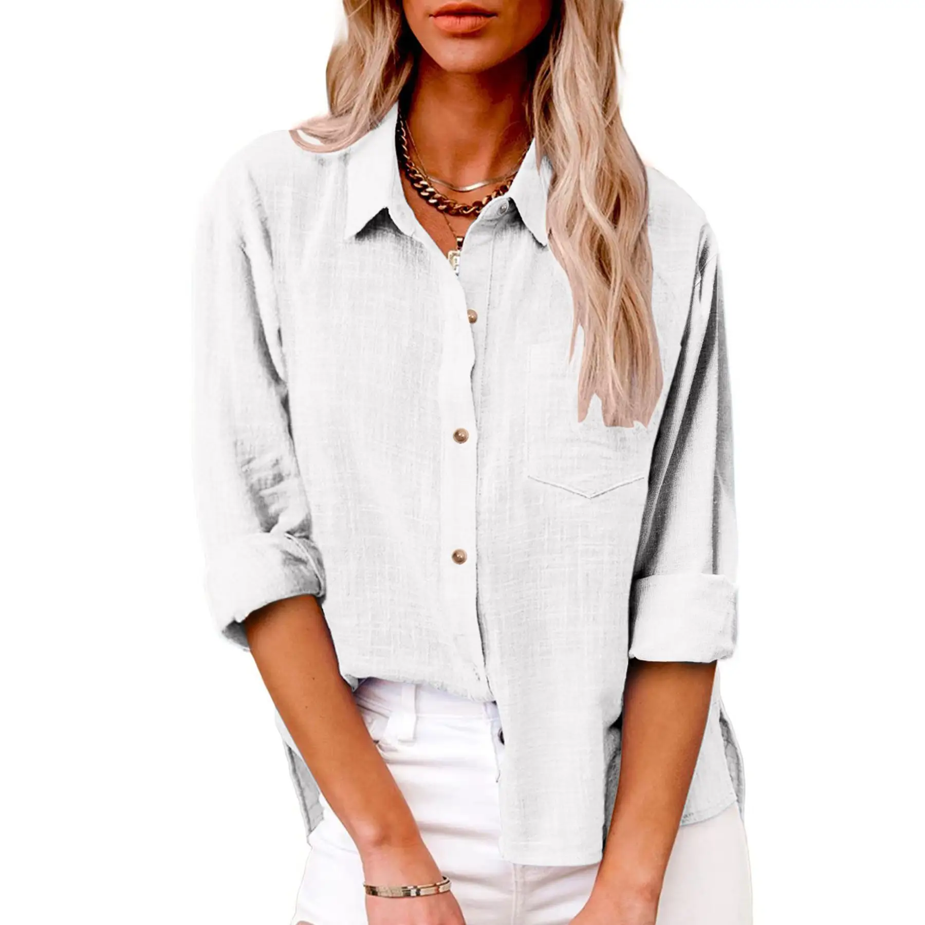 Loose-fitting Solid-color Lapel-button Long-sleeve Cotton-linen Shirt