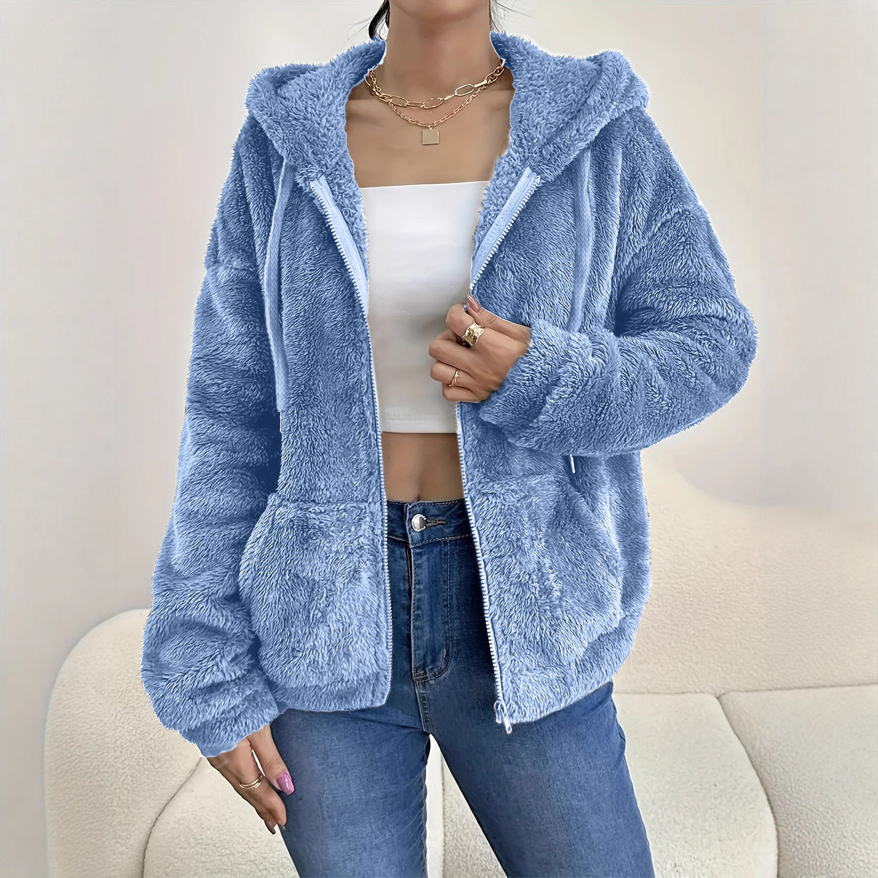 Casual Cozy Loose-fitting Hoodie With A Hood Zipper And Plush Pockets