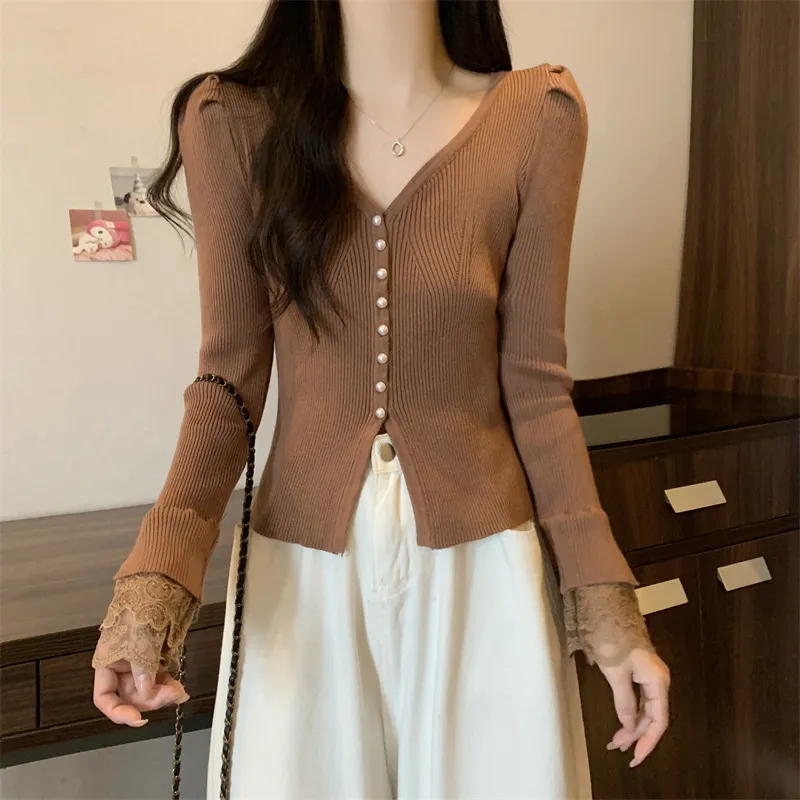 V-neck Slim Fit Slimming Long Sleeves Bottoming Shirt Trendy Top - Brown