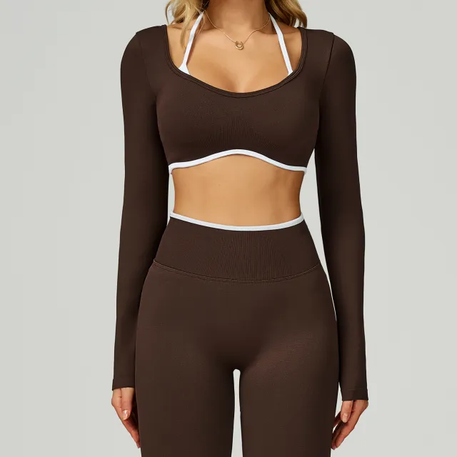 Seamless Contrast Color Yoga Long Sleeve Fake Two piece Short Version Slim Fit Yoga T shirt Hit White Coffee - Shop at LoveMi