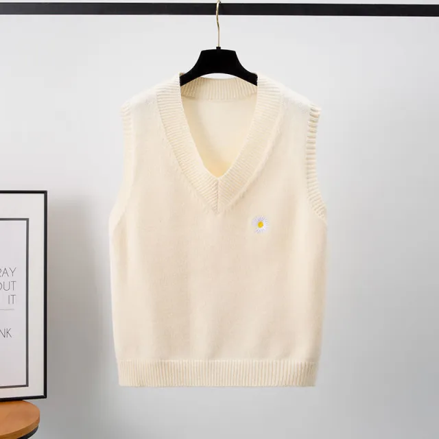 Loose V neck Short Sleeveless Waistcoat Sweater Outer Wear Knitted Vest Apricot - Shop at LoveMi