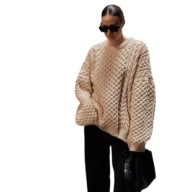 Round Neck Twist Weave Long Sleeve Sweater Loose Casual Lazy Knitted Top Beige - Shop at LoveMi