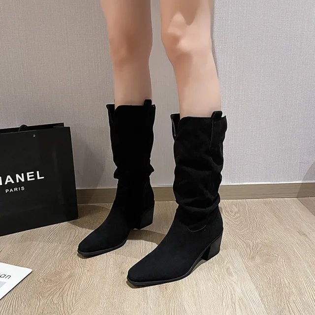 Casual Thick Heel Pointed Pleated Mid calf Length Loose Socks Boots Black - Shop at LoveMi
