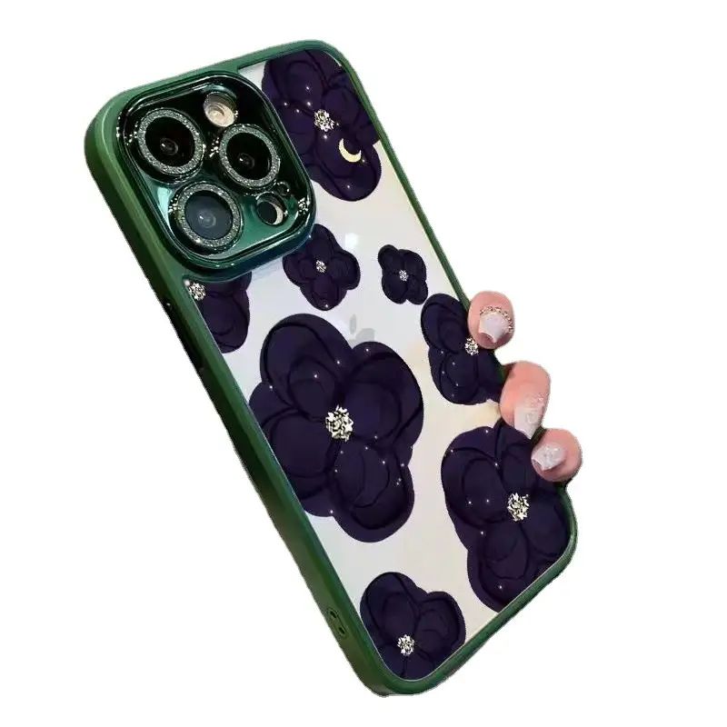 Suitable For Phone Case Dark Purple Camellia Women's With Rhinestone Lens Protector All-inclusive