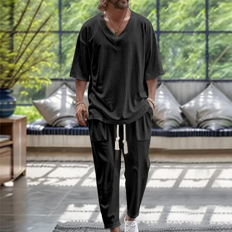 Men's Casual Solid Color Pullover V-neck Short Tube Drawstring