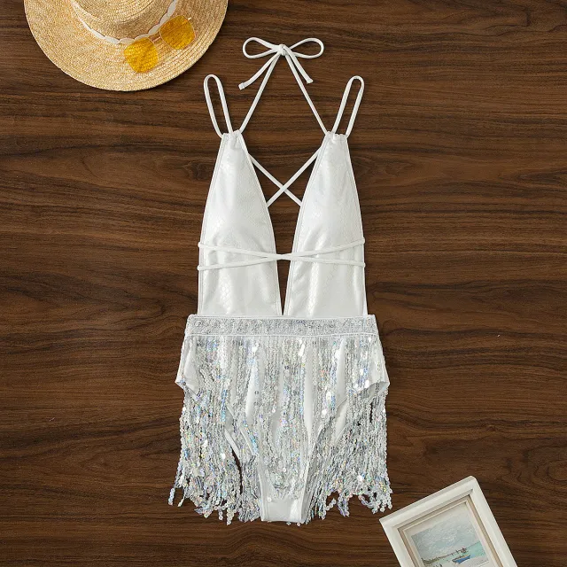 Sexy Deep V Tassel Dress One piece Swimsuit White - Shop at LoveMi