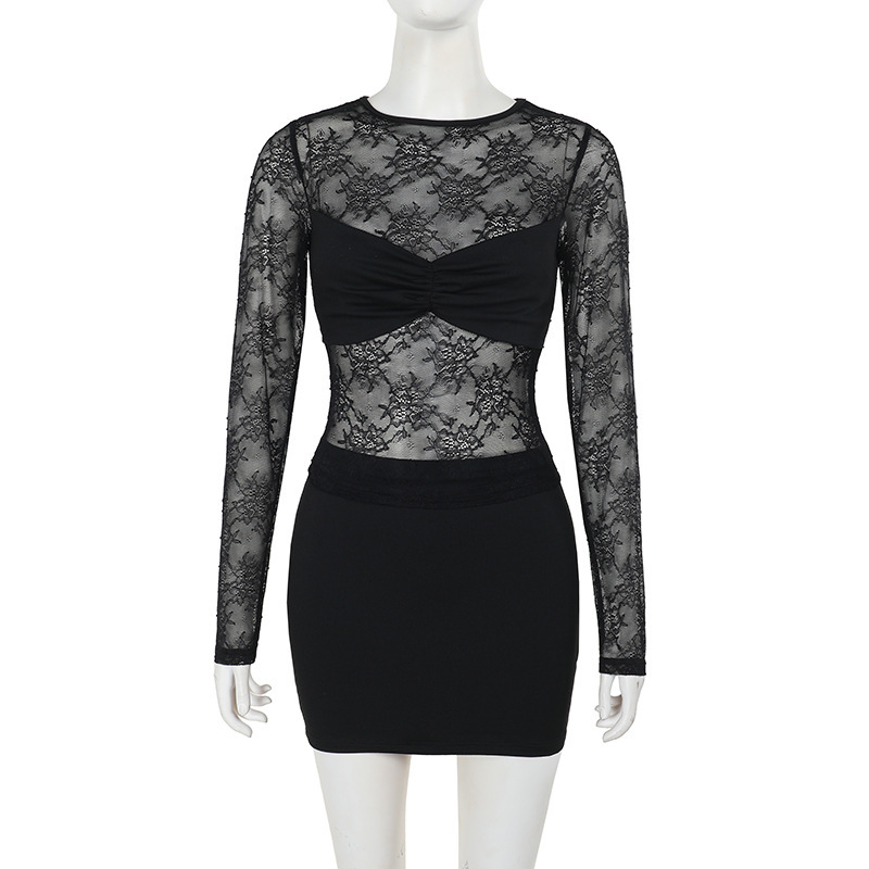 Women's Elegant Slim Lace Smock Top Mid-length Dress Set