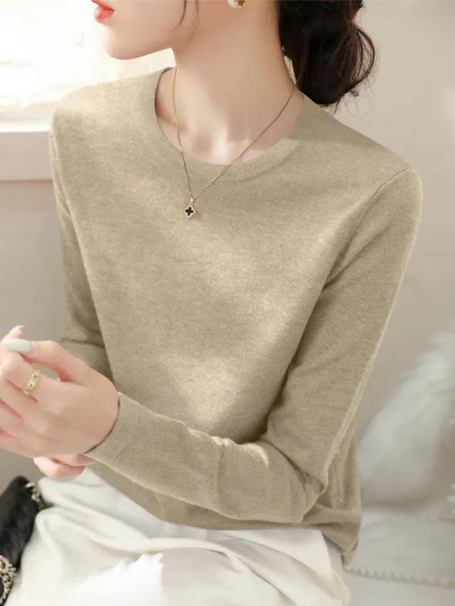 Round Neck Loose Long Sleeve Sweater Apricot - Shop at LoveMi