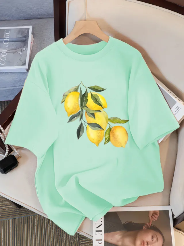 Creative Lemon Pattern T Shirts Female Casual Soft Tops Fash Watergreen - Shop at LoveMi