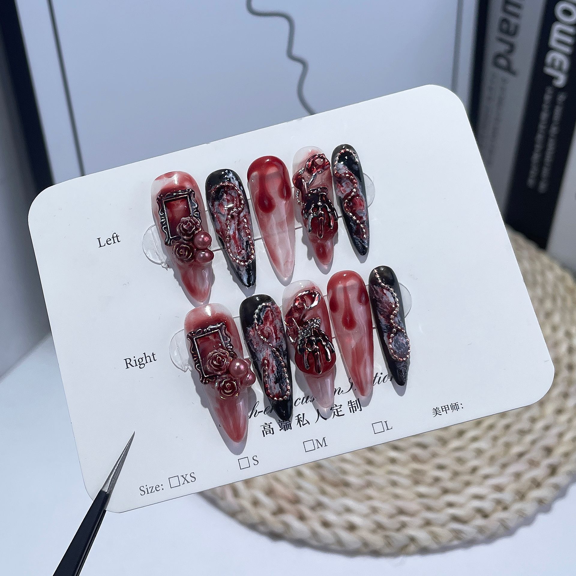 Dark-style Blood-stained Rose Handmade Wearable Nails
