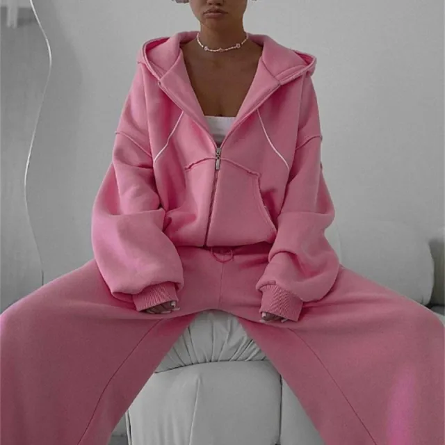 Womens Fashion Color block Lined Hooded Zip up Top And Pants Casual Loose fitting Set Pink - Shop at LoveMi