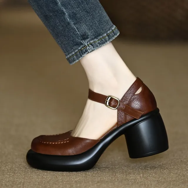 Closed Toe Thick Heel Ankle strap Shallow Mouth Brown - Shop at LoveMi