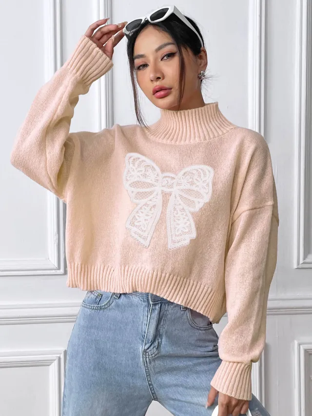 Women's Short Top Turtleneck Pullover Bow Apricot - Shop at LoveMi