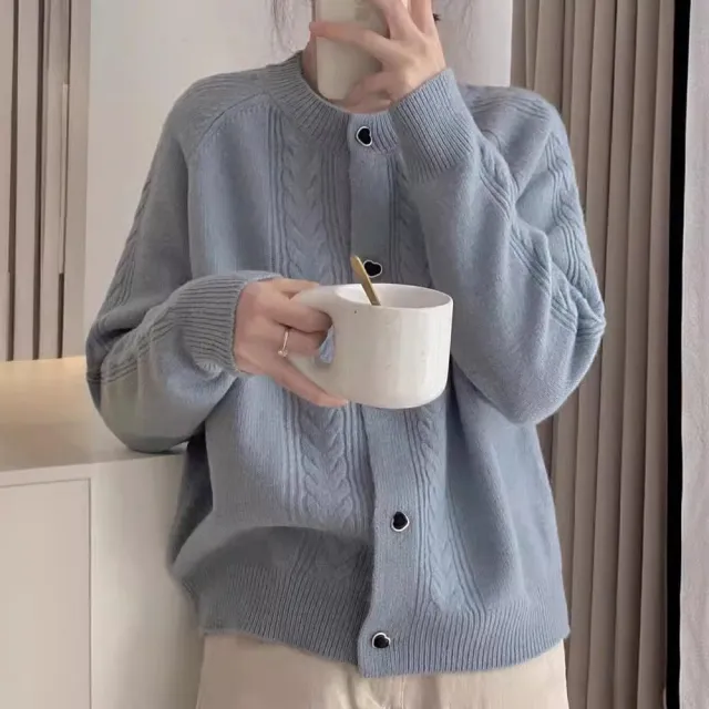 Autumn And Winter Solid Color Soft Glutinous Korean Round Neck Sweater Coat Light Blue - Shop at LoveMi