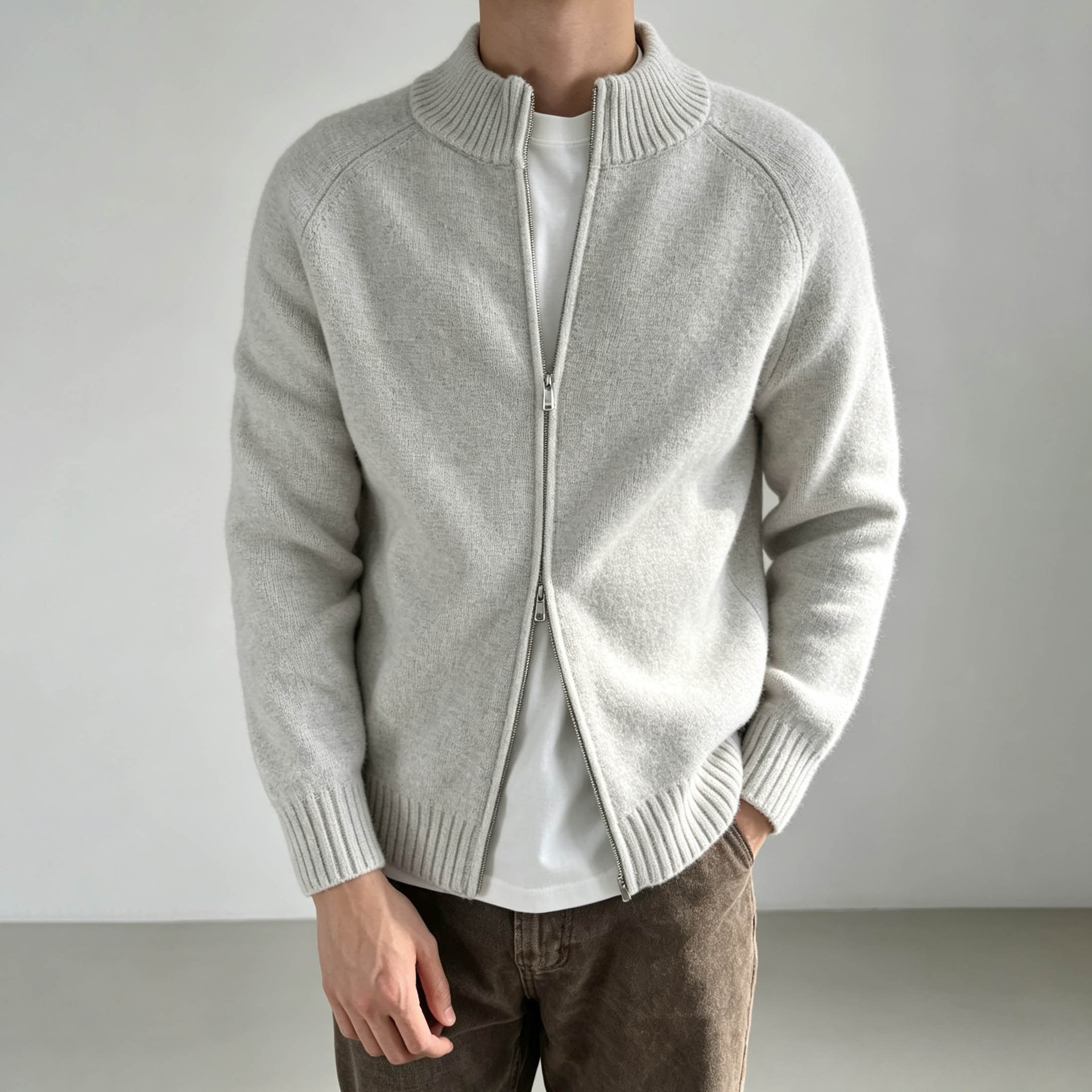 Pulover casual din lână Pulover tricotat cu guler în picioare Cardigan cu fermoar
