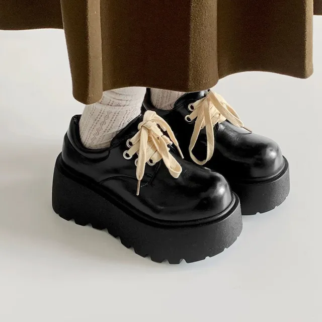 Retro British Matte Black Thick Sole Increased By Lace up Leather Shoes Black - Shop at LoveMi