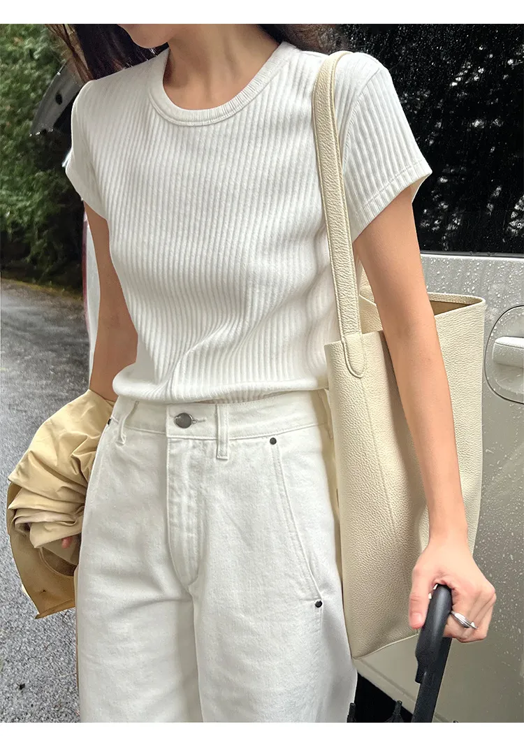 Women's Summer Round Neck Texture Short Sleeve T-shirt Top - Beige