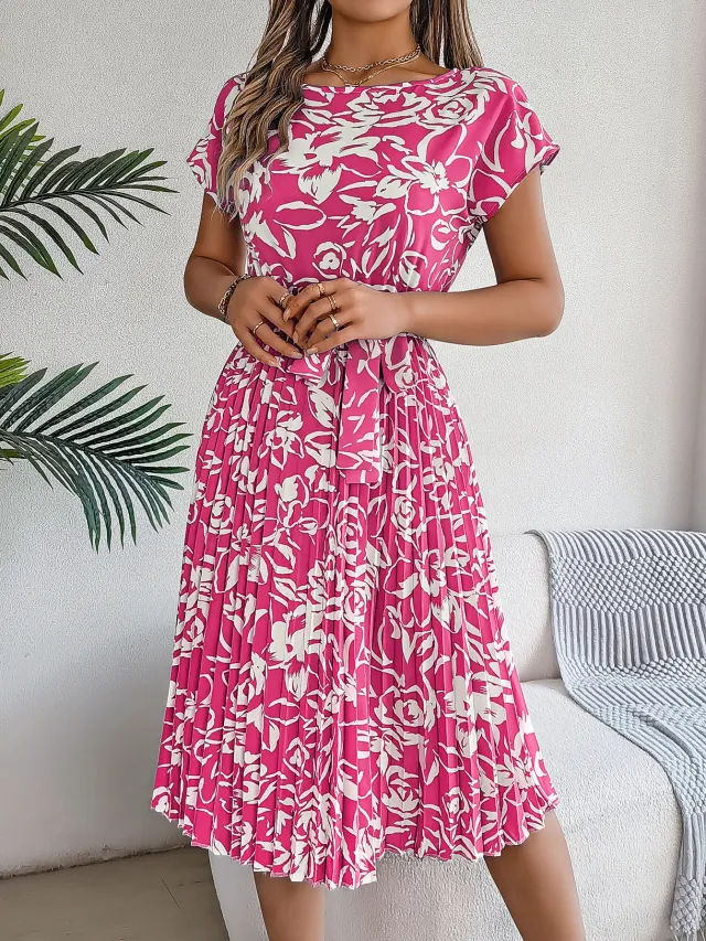Spring And Summer Casual Short sleeved Floral Tie waist Dress With Pleated Skirt Red - Shop at LoveMi