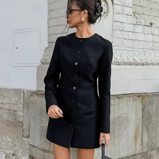 Niche Design Round Neck Long Sleeve Waist Slim Temperament Elegant Coat Black - Shop at LoveMi