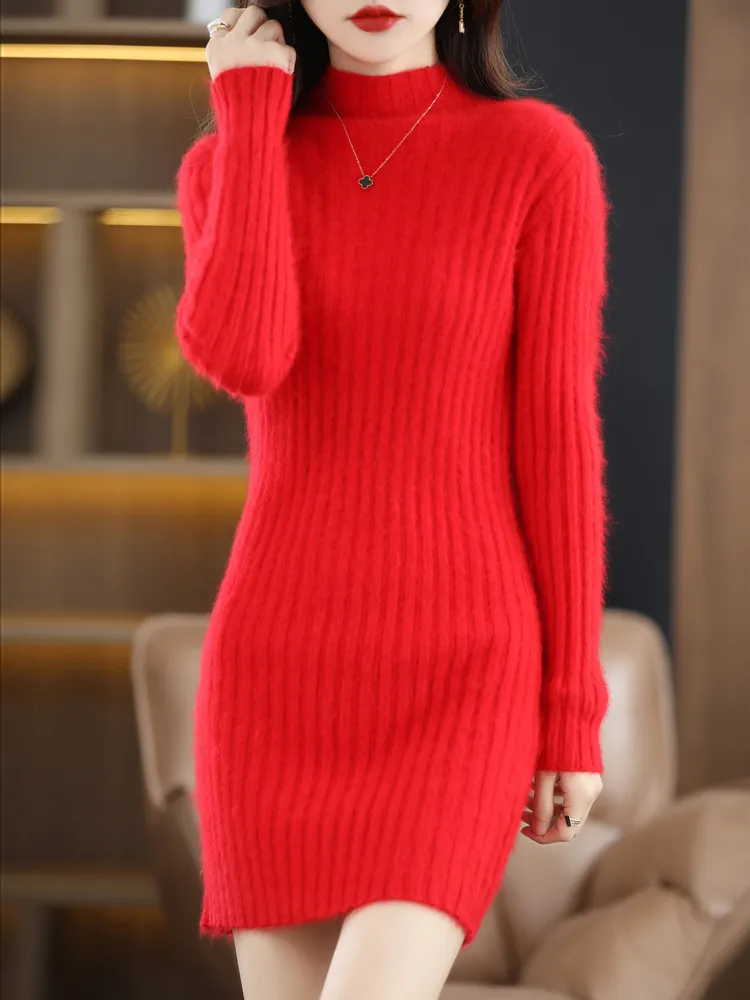 Autumn And Winter Artificial Mink Cashmere Sweater Women's Half Turtleneck Slim Fit Slimming - Red