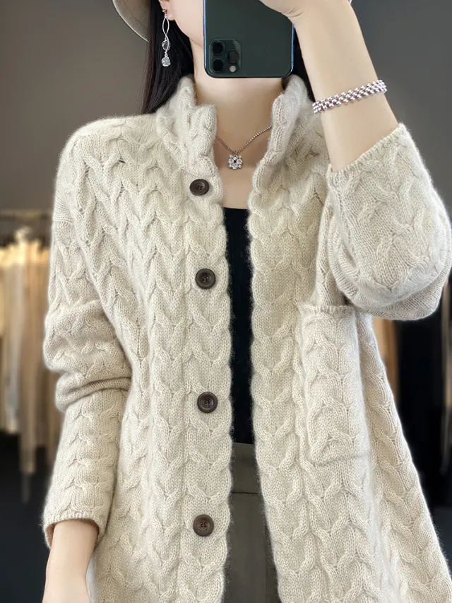 Women's Knitted Cardigan Thickened Twist Camel - Shop at LoveMi