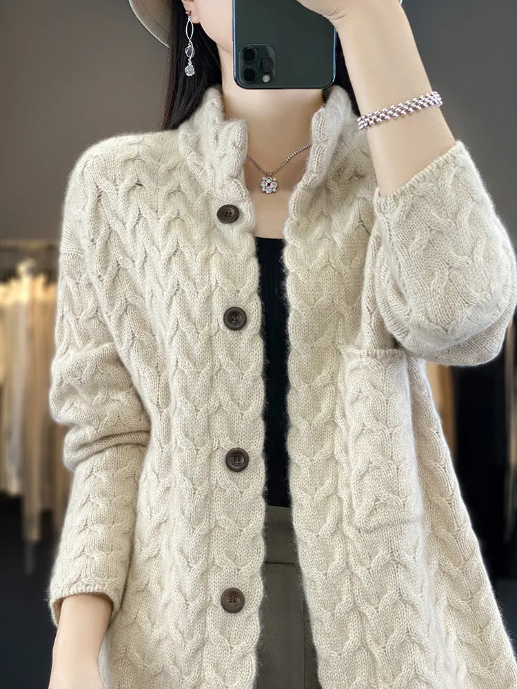 Women's Knitted Cardigan Thickened Twist - Camel