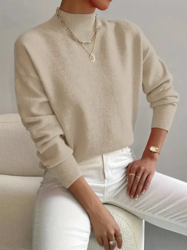 Women's Solid Color Casual And Comfortable Elegant Pullover Knitted Sweater Apricot - Shop at LoveMi