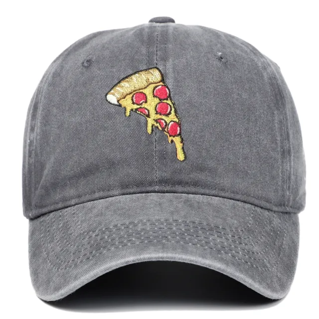 Pizza Embroidery Soft Top Baseball Cap Retro Worn Looking Washed out Gray - Shop at LoveMi