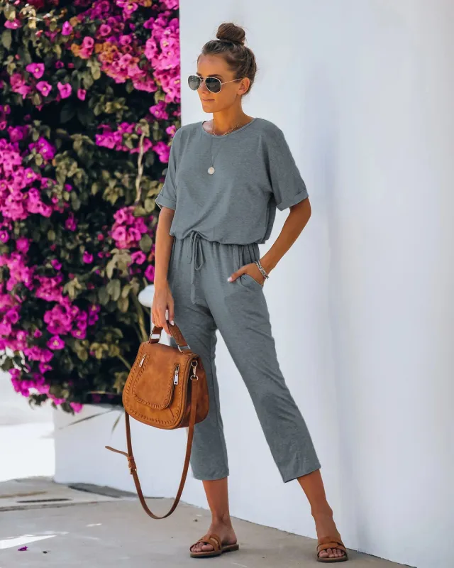 Casual And Comfortable Loose High Waist Short Sleeve Jumpsuit Dark Gray - Shop at LoveMi