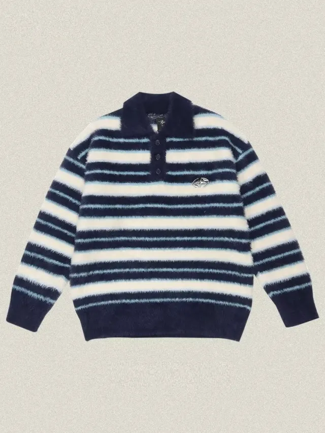 Soft Glutinous Polo Collar Stripes Sweater Blue - Shop at LoveMi