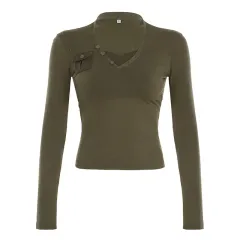 European And American Women's Clothing Design Sense V-neck Pocket Casual Top - Green - View 1