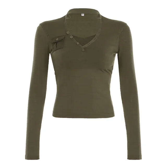 European And American Women's Clothing Design Sense V neck Pocket Casual Top Green - Shop at LoveMi