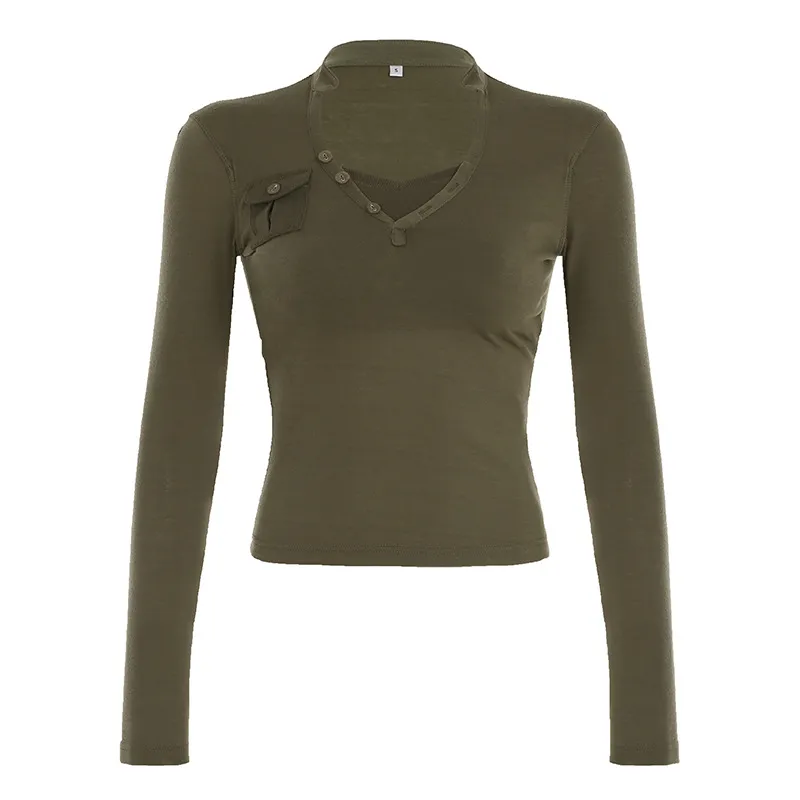 European And American Women's Clothing Design Sense V-neck Pocket Casual Top - Green