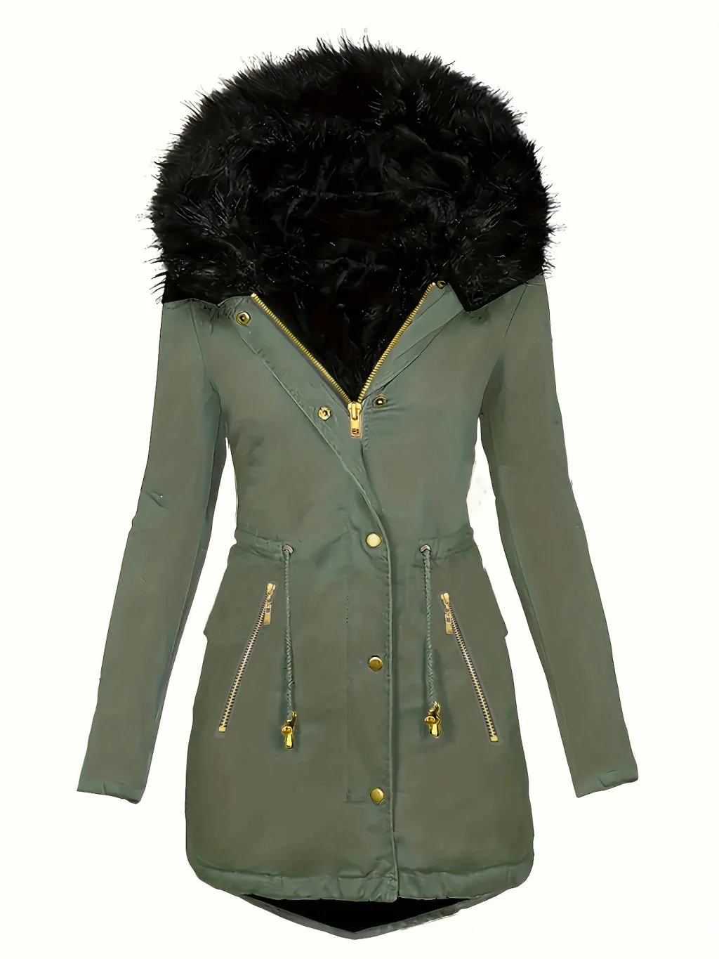 Zipper Faux Fur Decorative Hat Fur Coat Long Sleeve Oblique - Green