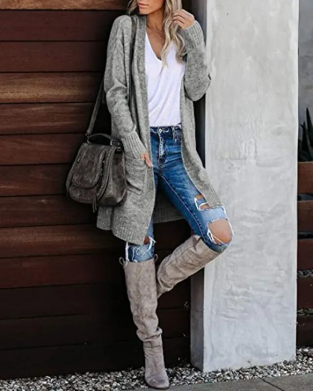 Women's Knitted Pocket Cardigan Long Sleeve Baggy Coat Gray - Shop at LoveMi