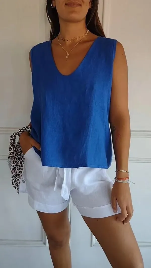 Women's Summer Casual Solid Colour Cotton And Linen V-neck Sleeveless Vest - Blue