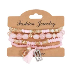 Bohemian Tassel Crystal Pendant Multi-layer Vintage Bead Bracelet - Pink - View 1