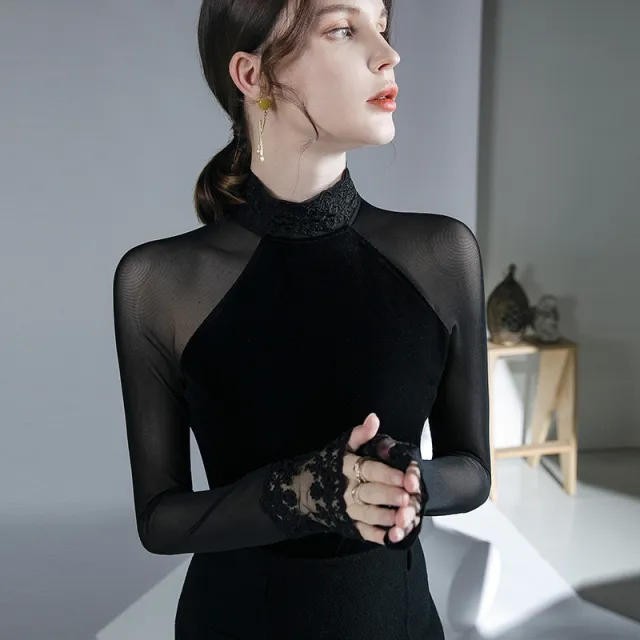 Stitching Black Top Velvet Inner Bottoming Shirt Black - Shop at LoveMi