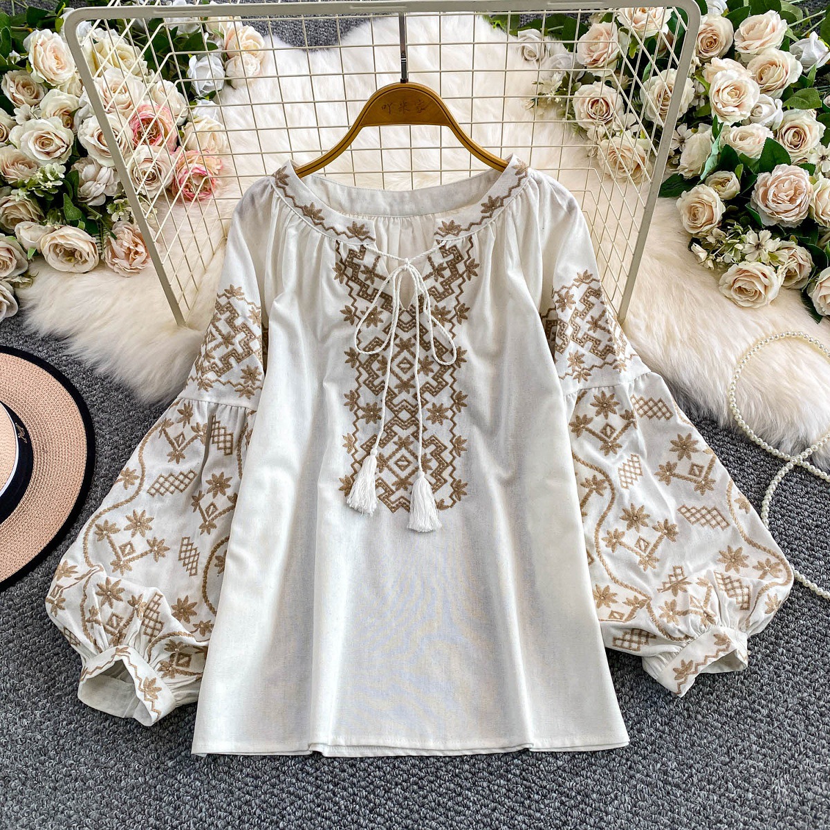 Retro Embroidered Puff Sleeve Shirt For Women