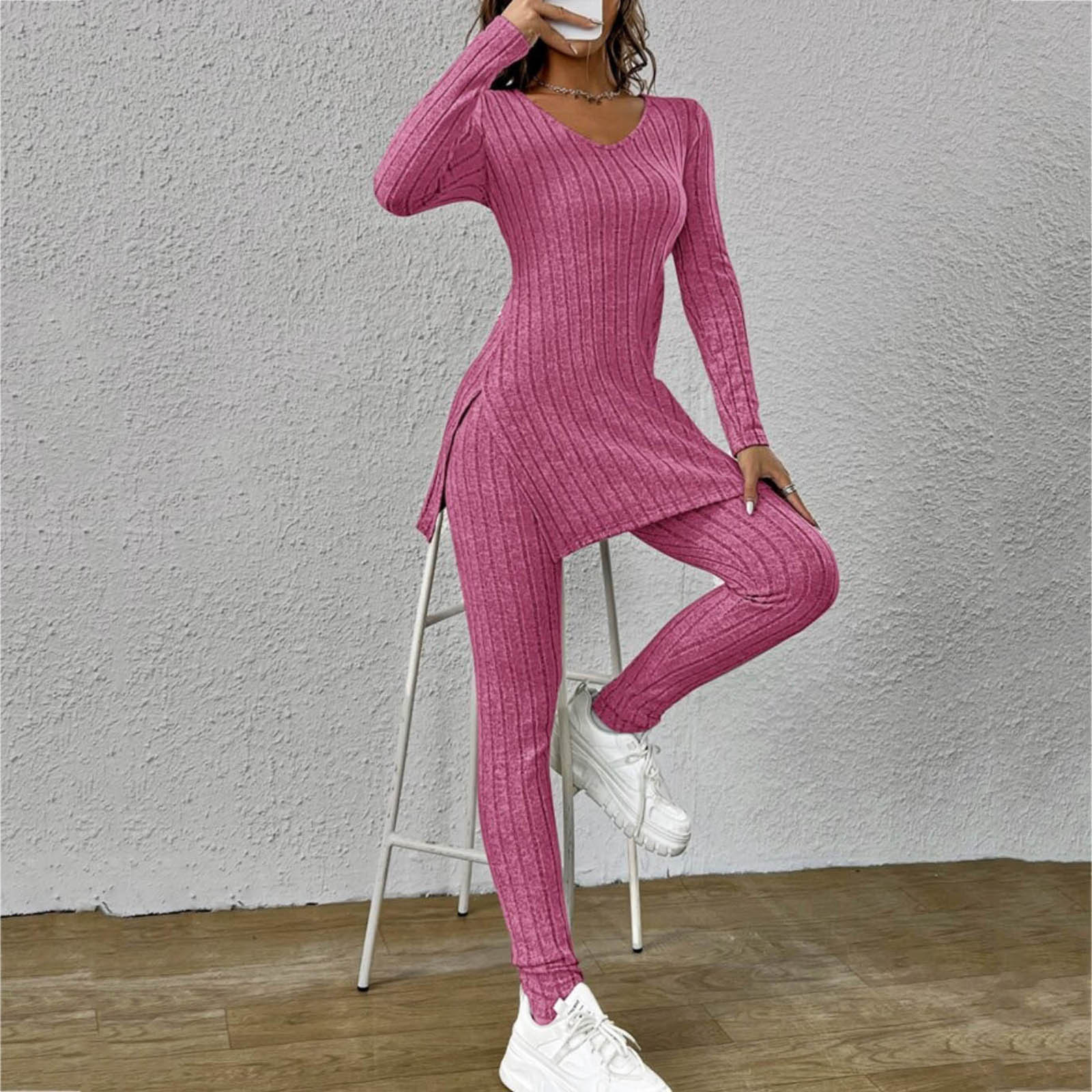 Long Sleeve Split Round-neck Shirt Loose Smart Trousers Suit