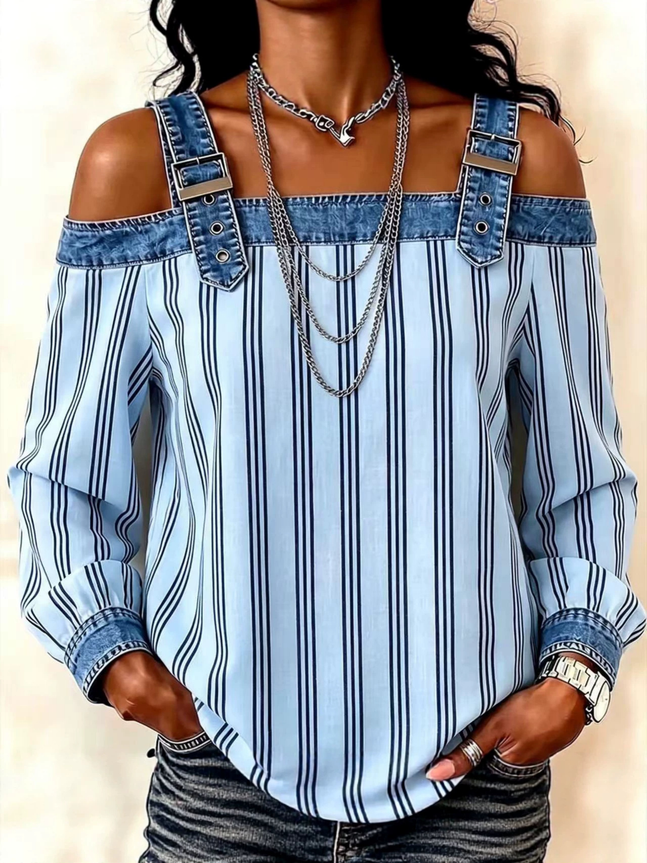 Womens Denim Patchwork Off-Shoulder Top