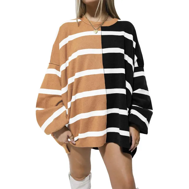 Striped Knitted Long sleeved Sweater For Women Khaki Black - Shop at LoveMi