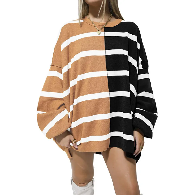 Striped Knitted Long-sleeved Sweater For Women - Khaki Black