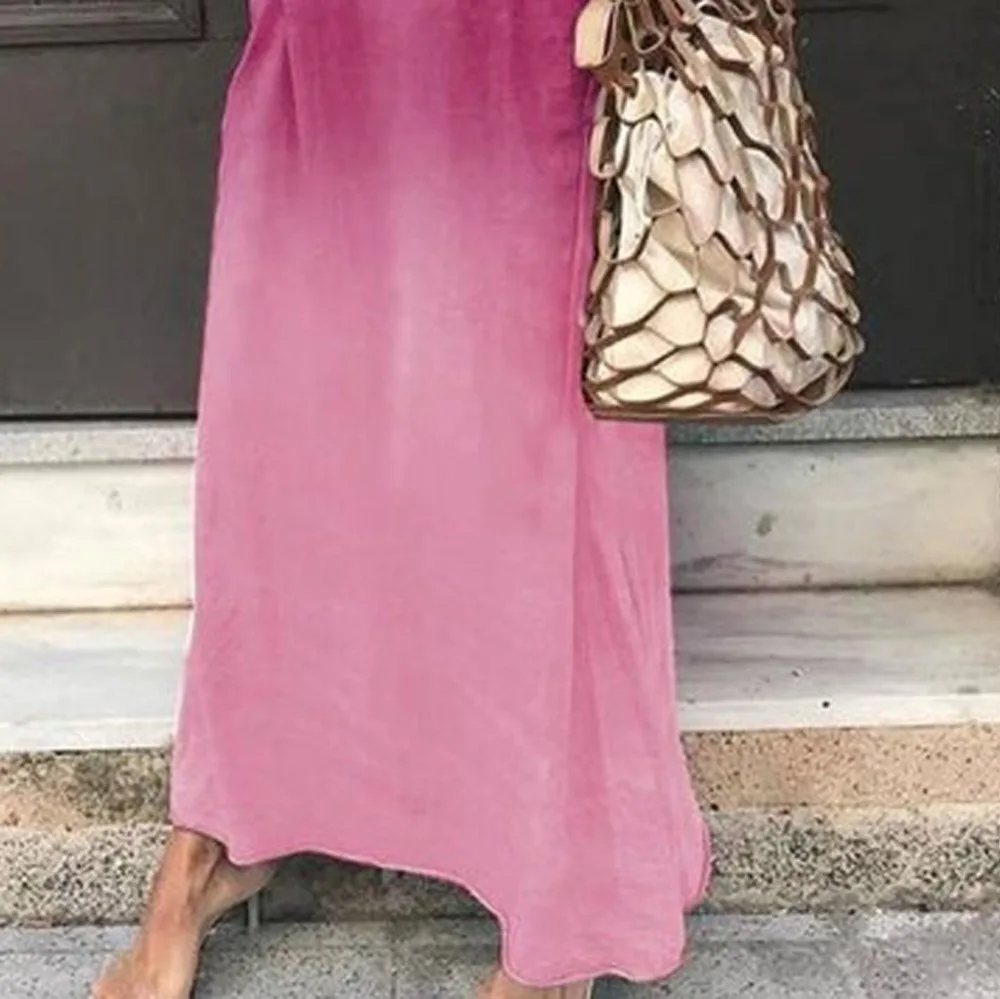 Women V-Neck Short Sleeve Tie-dye Gradient Print Maxi Color Block Bohemia Dress Summer Dresses Casual Beach Dress Long L11# (6)