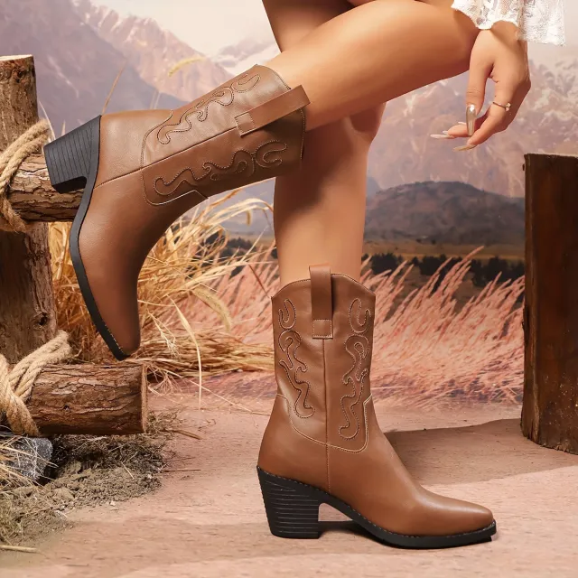 British Style Chunky Heel Mid calf Pointed Toe Plus Size Ankle Boots Brown - Shop at LoveMi