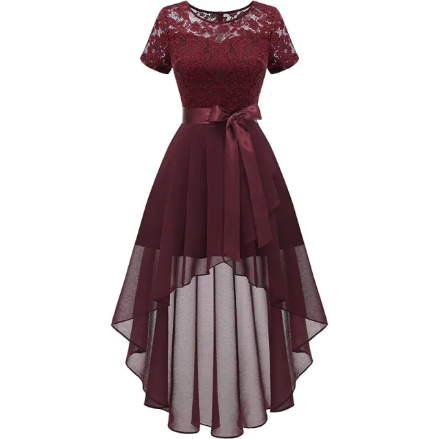 Lace Chiffon Ruffled High Slit Waist Round Neck Evening Dress Skirt Wine Red - Shop at LoveMi